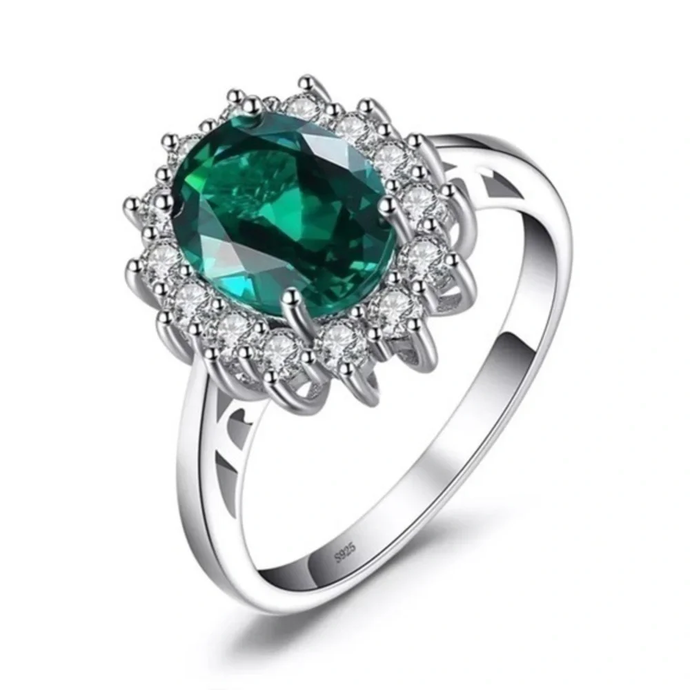 925 Sterling Silver Simulated Green Emerald Engagement Ring
